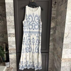 Tory Burch White and Blue Halter Maxi Dress